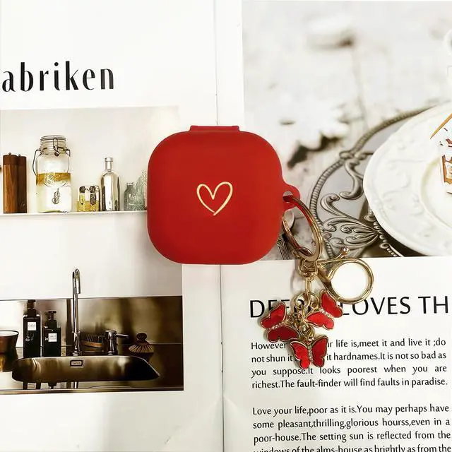 Alt view image 5 of 7 - Compatible with Samsung Galaxy Buds 4 Pro and Galaxy Buds 4 (2026), Soft Silicone Case with Gold Heart Pattern with Cute Butterfly Keychain for Girls Women (Red)