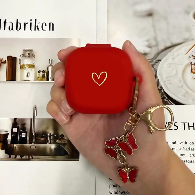 Alt view image 6 of 7 - Compatible with Samsung Galaxy Buds 4 Pro and Galaxy Buds 4 (2026), Soft Silicone Case with Gold Heart Pattern with Cute Butterfly Keychain for Girls Women (Red)