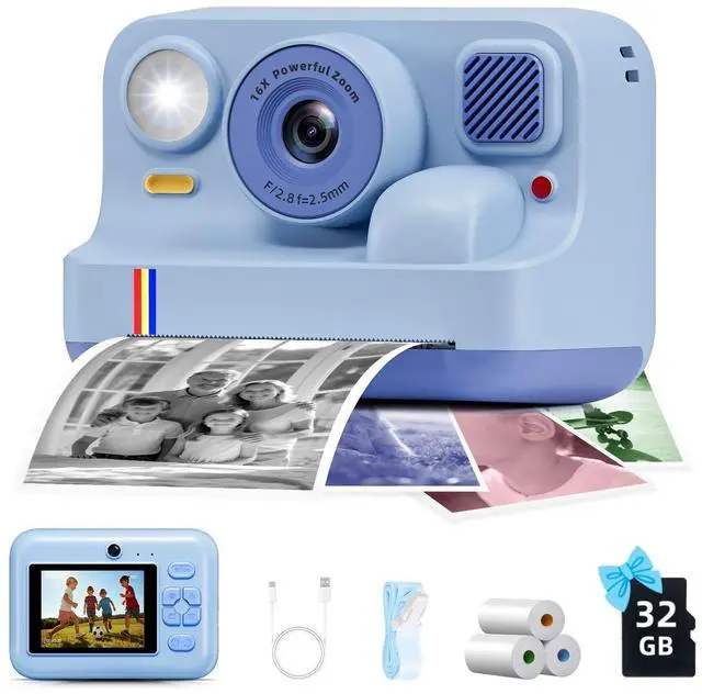 Main image of Instant Print Camera for Kids, Christmas Birthday Gifts for Girls Boys Age 3-15, 1080P Selfie Portable Digital Video Camera with 32GB SD Card, 3-Colored Print Paper- Blue