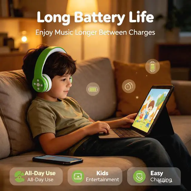 Alt view image 5 of 7 - Toddler Headphones Wireless, Bluetooth Kid Headphones for Boys Girls,5 Button Easy use with Sharing Port, Built in Mic for Laptop Phones Computer (bs690 Green)