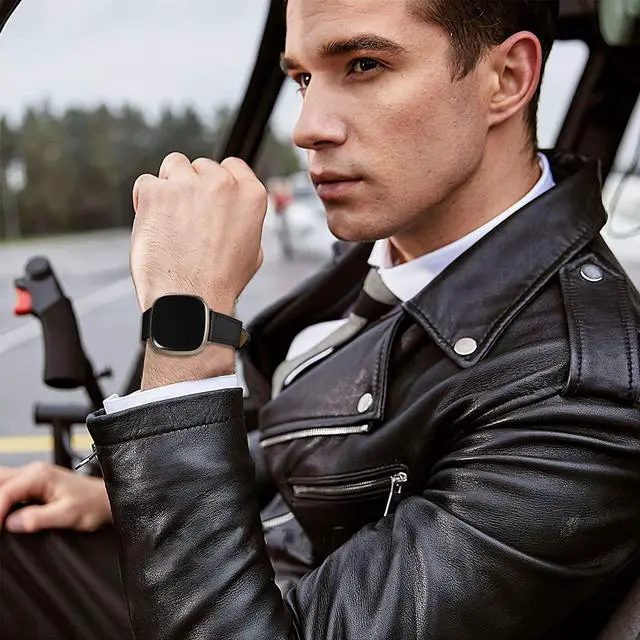 Alt view image 6 of 6 - Leather Band Compatible with Fitbit Versa 3/Versa 4, Business Replacement Band for Fitbit Sense 2/Sense Men Women