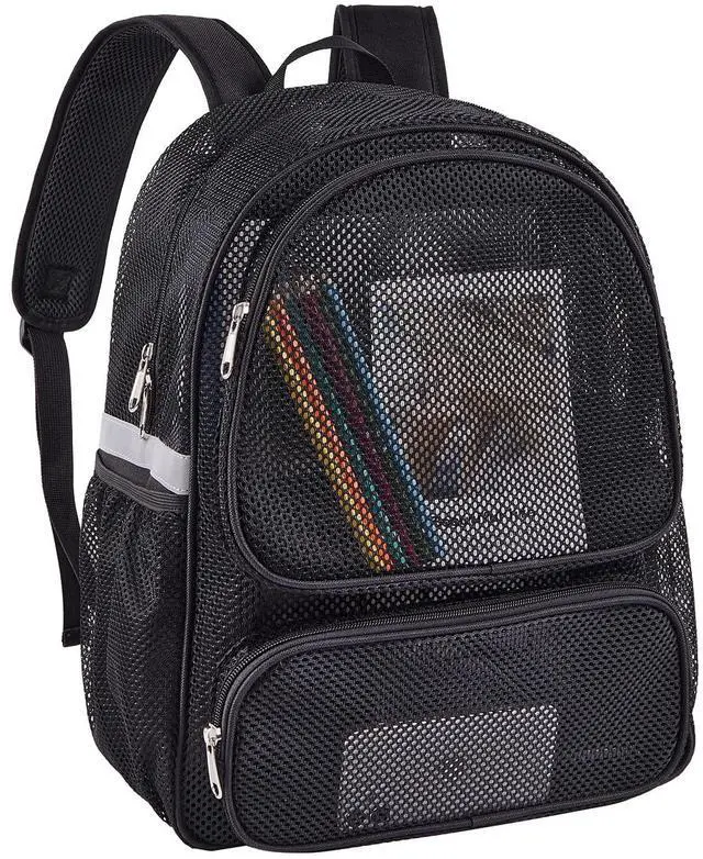 Main image of Mesh Backpack with Laptop Compartment, Ergonomic Reflective Design, Black | Semi-Transparent College Back Pack for Girls, Boys, For Commuting, Swimming, Travel, Beach, Outdoor Sports