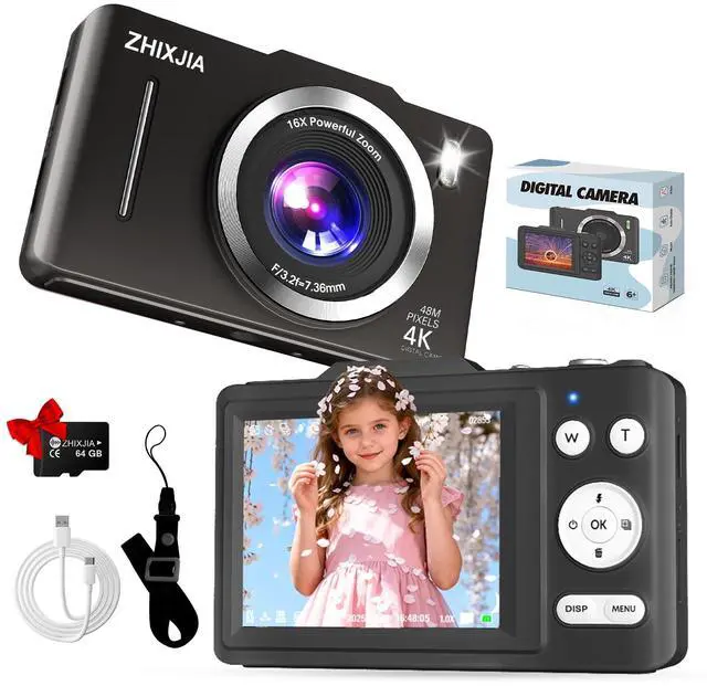 Main image of 4K Digital Camera FHD 1080P Point and Shoot Camera with 64GB Card, Black | 16X Zoom, Anti Shake, Autofocus 4K, FHD 1080P, 48 MP 32GB Card, Compact Portable Small for Kids Girls Boys Beginners
