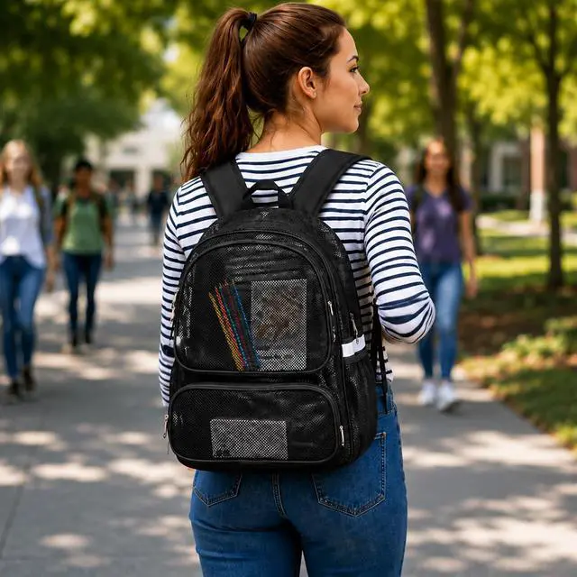 Alt view image 3 of 7 - Mesh Backpack with Laptop Compartment, Ergonomic Reflective Design, Black | Semi-Transparent College Back Pack for Girls, Boys, For Commuting, Swimming, Travel, Beach, Outdoor Sports