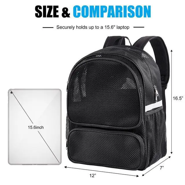 Alt view image 4 of 7 - Mesh Backpack with Laptop Compartment, Ergonomic Reflective Design, Black | Semi-Transparent College Back Pack for Girls, Boys, For Commuting, Swimming, Travel, Beach, Outdoor Sports