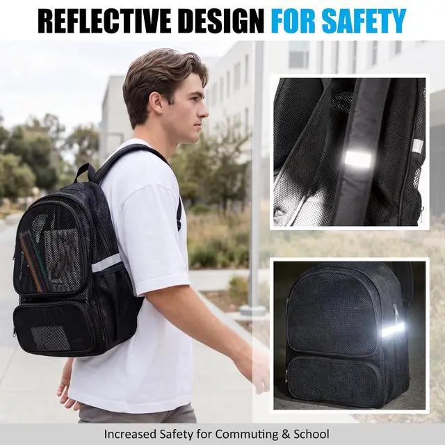 Alt view image 5 of 7 - Mesh Backpack with Laptop Compartment, Ergonomic Reflective Design, Black | Semi-Transparent College Back Pack for Girls, Boys, For Commuting, Swimming, Travel, Beach, Outdoor Sports