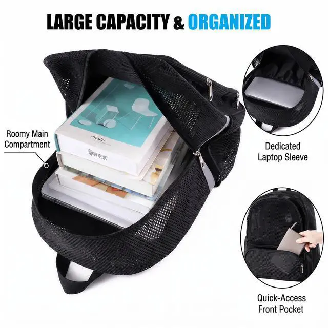 Alt view image 6 of 7 - Mesh Backpack with Laptop Compartment, Ergonomic Reflective Design, Black | Semi-Transparent College Back Pack for Girls, Boys, For Commuting, Swimming, Travel, Beach, Outdoor Sports
