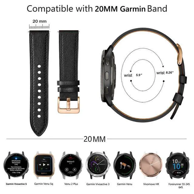 Alt view image 3 of 6 - Band for Garmin Venu 2 Plus, 20mm Leather Business Band for Garmin Vivoactive 3/5/6/Garmin Venu Sq/Music/Venu Sq 2/Garmin Venu/Vivomove HR/Forerunner 55 245 645