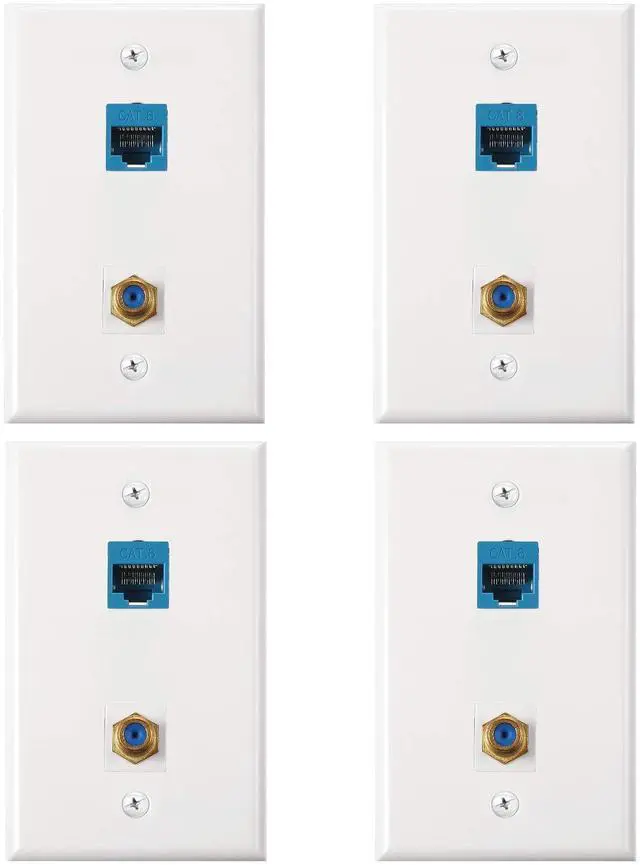 Main image of 4 Pack Ethernet Coax Wall Plates, Cat6 Coax Wall Plate with Ethernet Port and Gold-Plated TV Coaxial Cable F-Type Port(Blue)