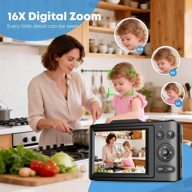 Alt view image 4 of 7 - 4K Digital Camera FHD 1080P Point and Shoot Camera with 64GB Card, Black | 16X Zoom, Anti Shake, Autofocus 4K, FHD 1080P, 48 MP 32GB Card, Compact Portable Small for Kids Girls Boys Beginners
