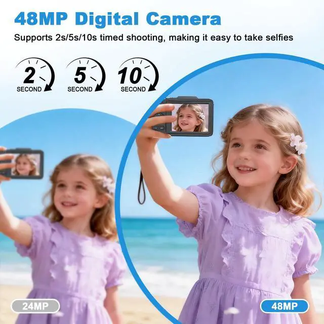 Alt view image 2 of 7 - 4K Digital Camera FHD 1080P Point and Shoot Camera with 64GB Card, Black | 16X Zoom, Anti Shake, Autofocus 4K, FHD 1080P, 48 MP 32GB Card, Compact Portable Small for Kids Girls Boys Beginners