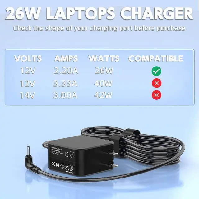 Alt view image 4 of 7 - 26W Charger Compatible with Samsung Chromebook 3 2 303C Series, 12V 2.2A Laptop Power Supply Adapter with 6ft Cable, 2.5x0.7mm Round Tip
