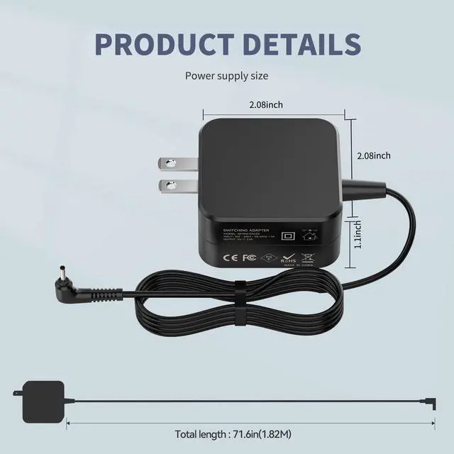 Alt view image 3 of 7 - 26W Charger Compatible with Samsung Chromebook 3 2 303C Series, 12V 2.2A Laptop Power Supply Adapter with 6ft Cable, 2.5x0.7mm Round Tip