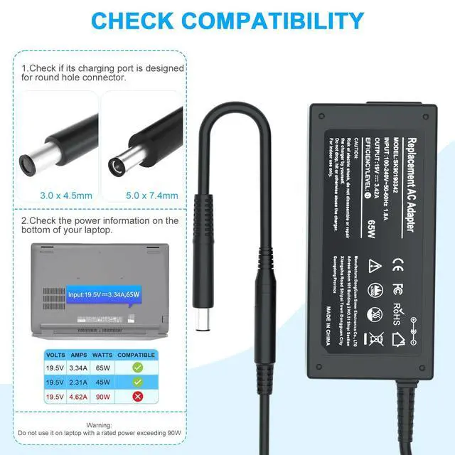 Alt view image 2 of 7 - 65W Laptop Chaarger Compatible with Dell Latitude | 3 3301 3310 3390 14 3400 3410 3420 3490 15 3500 3510 3520 3590 Vostro 13 5301 5390 14 5401 5402 5490 15 3558 3559 Adapter