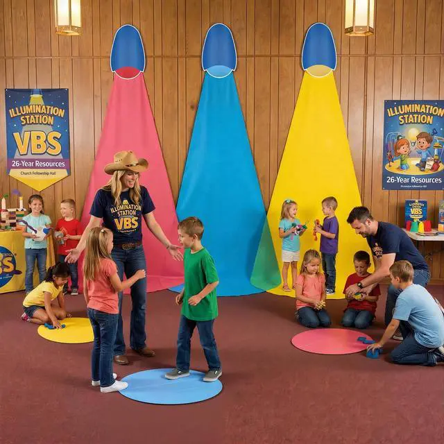 Alt view image 3 of 6 - VBS Decorations Illumination Kit 2026 Vacation Bible Scene Backdrop | 2026 Light up Themed Christian Religious Party, Stage Photo Booth Prop Background, Wall Decor