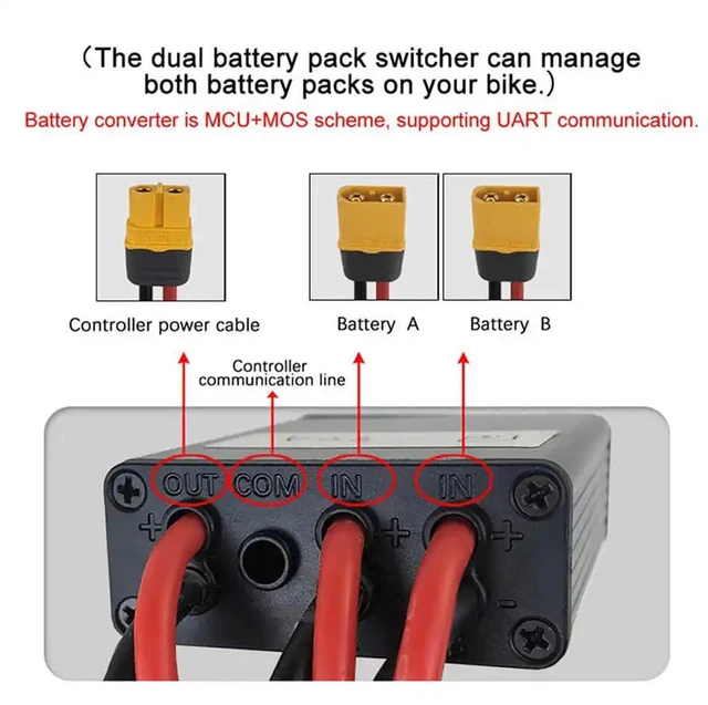 Alt view image 5 of 7 - Electric Bike Dual Battery Discharge Converter 40A 24-72VDC Dual Battery Pack Switch Balancer Double Battery Parallel Module with XT60 Plug for 750w 1000w Motor