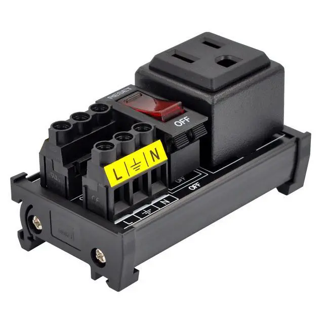 Alt view image 2 of 7 - DIN Rail Mount AC 120V NEMA 5-15R Receptacle Outlet Power Strip Module, with Rocker Switch Thermal Circuit Breaker Overload Protector (1 Outlet)