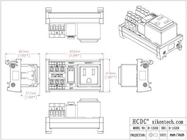 Alt view image 5 of 7 - DIN Rail Mount AC 120V NEMA 5-15R Receptacle Outlet Power Strip Module, with Rocker Switch Thermal Circuit Breaker Overload Protector (1 Outlet)