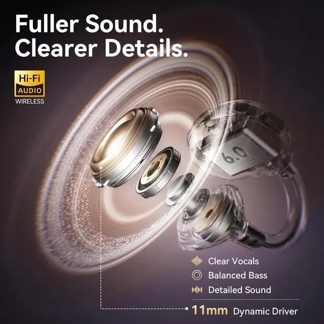 Alt view image 4 of 7 - NEW Open-Ear Clip-On Wireless Earbuds, Comfortable & Secure Fit | Clear Sound, LED Battery Display, Physical Button Controls, Bluetooth 6.0, 11mm Drivers, Dual Mics, Black