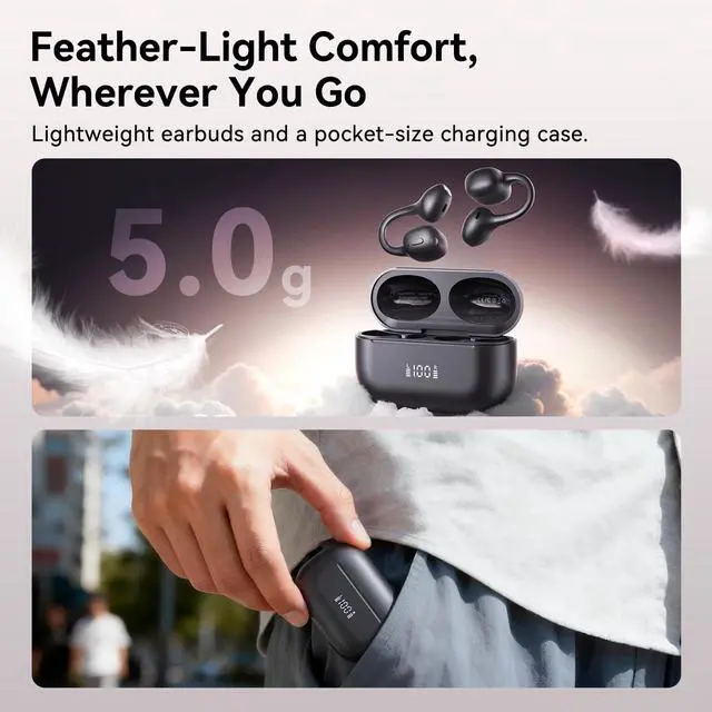 Alt view image 3 of 7 - NEW Open-Ear Clip-On Wireless Earbuds, Comfortable & Secure Fit | Clear Sound, LED Battery Display, Physical Button Controls, Bluetooth 6.0, 11mm Drivers, Dual Mics, Black