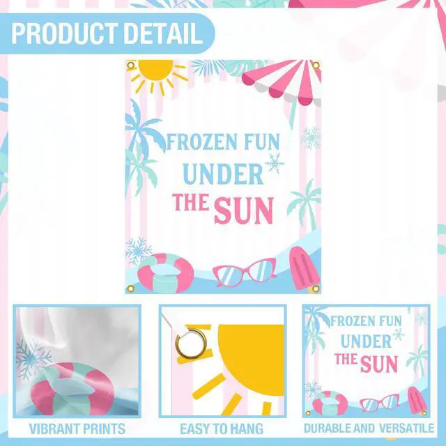Alt view image 3 of 6 - Frozen Fun Summer Birthday Banner Backdrop - Frozen Fun Under The Sun Pool Party Princess Theme Decor Suitable for 1st to 5th Girls Birthday Indoor Outdoor Party Supplies