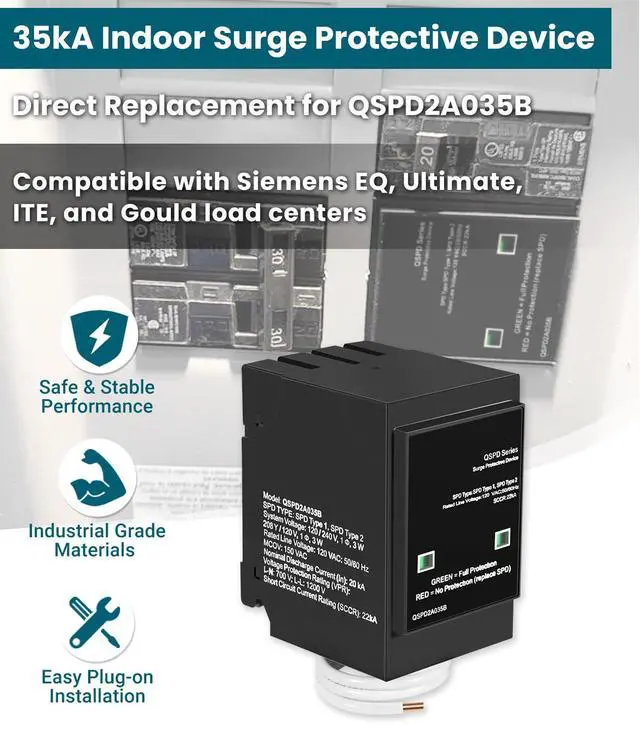 Alt view image 2 of 7 - Replacement for Siemens QSPD2A035B, 35kA Indoor Surge Protective Device, Whole House Power Spike Protection, 120/240V 1-Phase 3-Wire, 2-Pole Plug-On with Mechanical Status Indicator