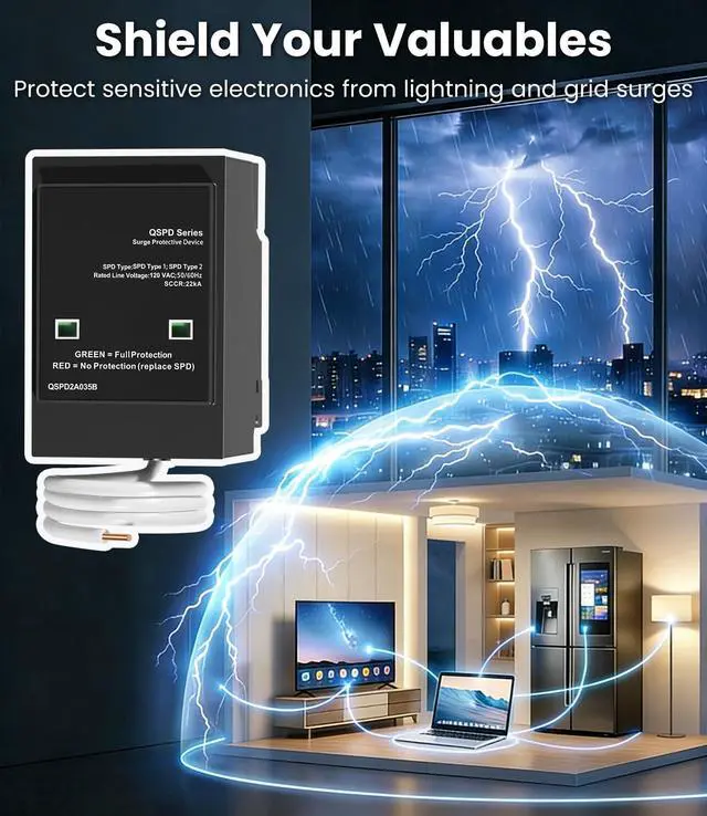 Alt view image 4 of 7 - Replacement for Siemens QSPD2A035B, 35kA Indoor Surge Protective Device, Whole House Power Spike Protection, 120/240V 1-Phase 3-Wire, 2-Pole Plug-On with Mechanical Status Indicator