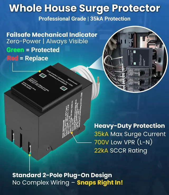 Alt view image 5 of 7 - Replacement for Siemens QSPD2A035B, 35kA Indoor Surge Protective Device, Whole House Power Spike Protection, 120/240V 1-Phase 3-Wire, 2-Pole Plug-On with Mechanical Status Indicator