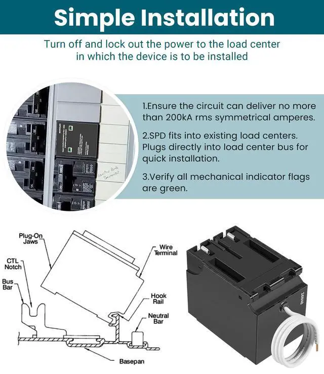 Alt view image 7 of 7 - Replacement for Siemens QSPD2A035B, 35kA Indoor Surge Protective Device, Whole House Power Spike Protection, 120/240V 1-Phase 3-Wire, 2-Pole Plug-On with Mechanical Status Indicator