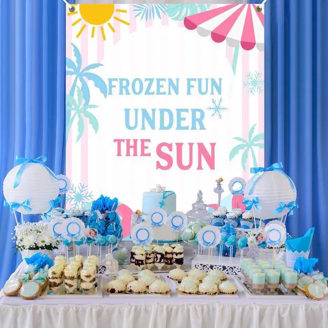 Alt view image 5 of 6 - Frozen Fun Summer Birthday Banner Backdrop - Frozen Fun Under The Sun Pool Party Princess Theme Decor Suitable for 1st to 5th Girls Birthday Indoor Outdoor Party Supplies
