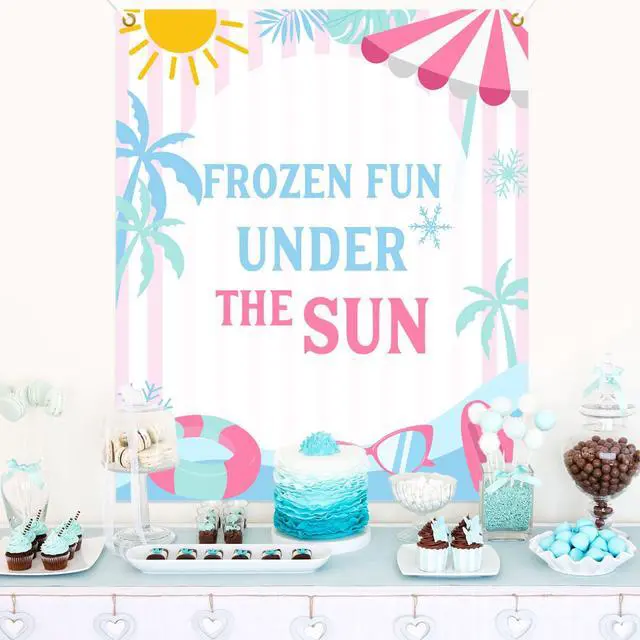 Alt view image 6 of 6 - Frozen Fun Summer Birthday Banner Backdrop - Frozen Fun Under The Sun Pool Party Princess Theme Decor Suitable for 1st to 5th Girls Birthday Indoor Outdoor Party Supplies