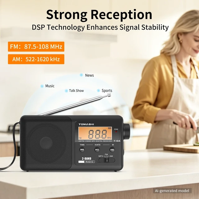 Alt view image 2 of 7 - Portable AM FM Radio, USB-C Rechargeable Auto Scan Radio Large tuning knob, clock display and Micro SD MP3 player. Speaker and headphone jack for home and outdoor use
