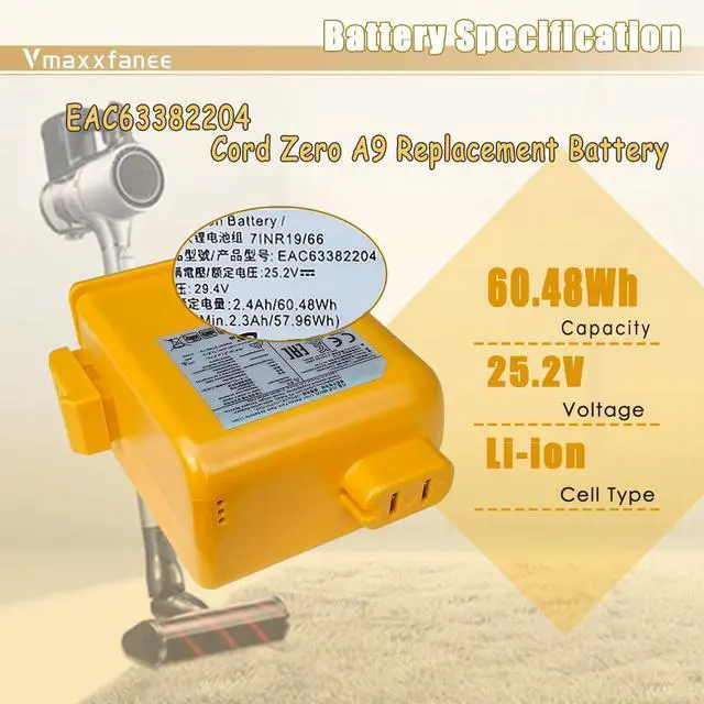 Alt view image 2 of 6 - EAC63382204 EAC63382208 Battery Replacement for LG Cord Zero A9 A9+ A927KGMS A927KVMS A929KVM A908VMR A958 A958SK A958SA A9S A9M A9 Plus A9K-CORE A9K A9K MAX A916
