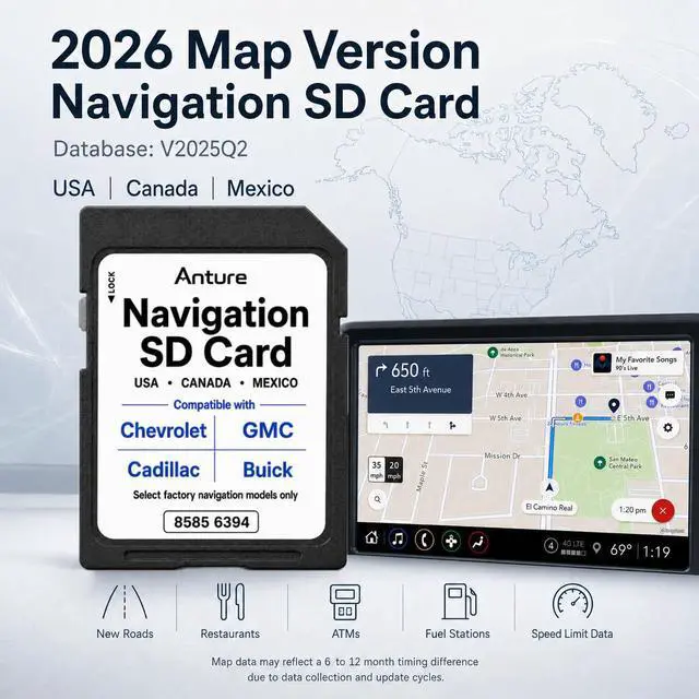 Alt view image 2 of 7 - 2026 GM Navigation SD Card Part 85856394, Compatible with Select Chevrolet GMC Cadillac Buick, USA CAN MEX Map Data, Support HUD Speed Limit