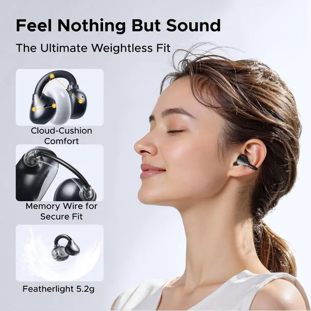 Alt view image 2 of 7 - ClipBuds Open-Ear Wireless Earbuds Headphones Bluetooth 6.0 | 4 Mic Clear Call, 12mm Diaphragm, 30H Playtime, App & Touch Control, IPX5, 4-Mic, 30H Playtime, For Fitness, For iOS Android