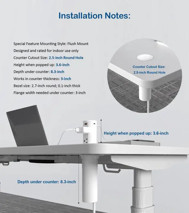Alt view image 6 of 7 - Pop up Countertop Outlet,2.5in Hole Desk Grommet,White | PD 20W USB C,4 Outlets Tamper Resistant,2.5in Hole,Flush Mount,Recessed Power Strip,ETL Listed