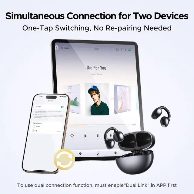 Alt view image 7 of 7 - ClipBuds Open-Ear Wireless Earbuds Headphones Bluetooth 6.0 | 4 Mic Clear Call, 12mm Diaphragm, 30H Playtime, App & Touch Control, IPX5, 4-Mic, 30H Playtime, For Fitness, For iOS Android