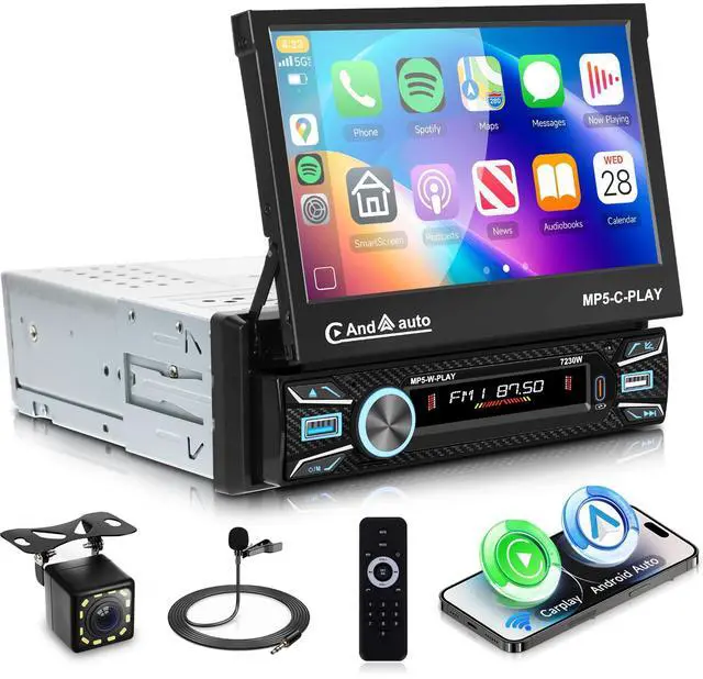 Main image of Single Din Car Stereo Touch Screen Flip Out Wireless Carplay Android Auto, 7 Inch Car Radio 1 Din with Bluetooth 5.1 FM Radio Mirror Link EQ/TF/USB/AUX Rear View Camera Steering Wheel Control