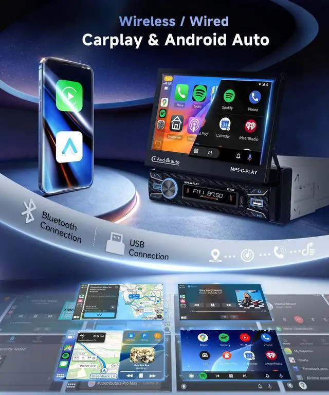 Alt view image 2 of 7 - Single Din Car Stereo Touch Screen Flip Out Wireless Carplay Android Auto, 7 Inch Car Radio 1 Din with Bluetooth 5.1 FM Radio Mirror Link EQ/TF/USB/AUX Rear View Camera Steering Wheel Control