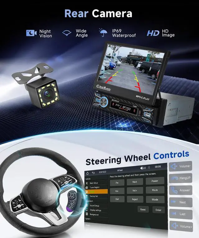 Alt view image 6 of 7 - Single Din Car Stereo Touch Screen Flip Out Wireless Carplay Android Auto, 7 Inch Car Radio 1 Din with Bluetooth 5.1 FM Radio Mirror Link EQ/TF/USB/AUX Rear View Camera Steering Wheel Control