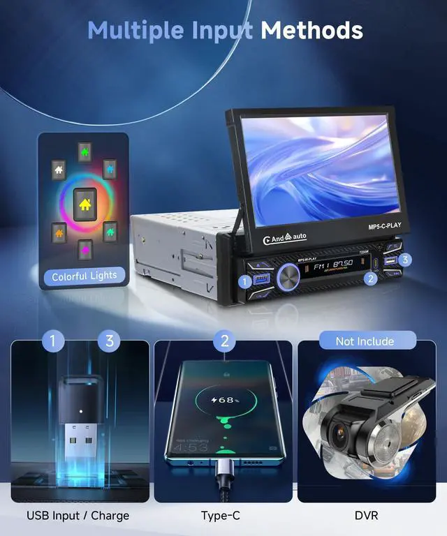 Alt view image 7 of 7 - Single Din Car Stereo Touch Screen Flip Out Wireless Carplay Android Auto, 7 Inch Car Radio 1 Din with Bluetooth 5.1 FM Radio Mirror Link EQ/TF/USB/AUX Rear View Camera Steering Wheel Control