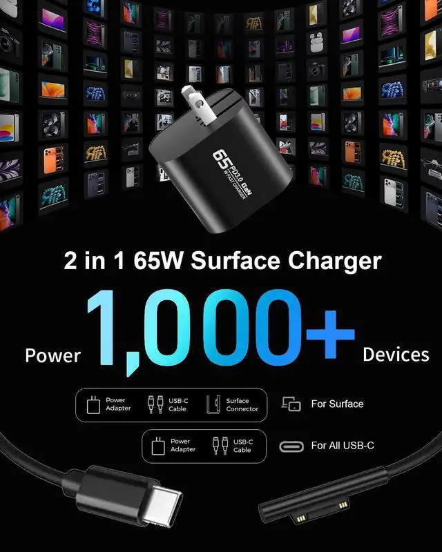 Alt view image 2 of 7 - 65W Charger for Microsoft Surface Pro 12 (2025) 11 10 9 8 7+ 7 6 5 4 3 X | for Surface Pro 2-in-1 Tablet (2024), Surface Laptop/Book/Go Windows Surface Charger Adapter Model 1706