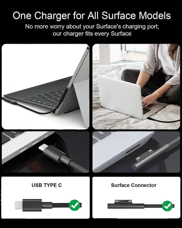 Alt view image 3 of 7 - 65W Charger for Microsoft Surface Pro 12 (2025) 11 10 9 8 7+ 7 6 5 4 3 X | for Surface Pro 2-in-1 Tablet (2024), Surface Laptop/Book/Go Windows Surface Charger Adapter Model 1706