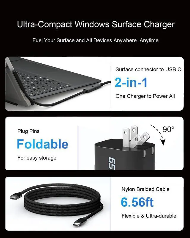 Alt view image 6 of 7 - 65W Charger for Microsoft Surface Pro 12 (2025) 11 10 9 8 7+ 7 6 5 4 3 X | for Surface Pro 2-in-1 Tablet (2024), Surface Laptop/Book/Go Windows Surface Charger Adapter Model 1706