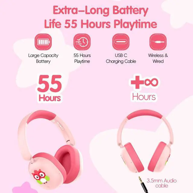 Alt view image 6 of 7 - Kids Headphones Bluetooth 6.0,Over Ear Kids Headphones Wireless with Mic 55H Playtime AUX Cord 85dB Safe Volume Limited Foldable Design for Boys Girls Travel/School/iPad