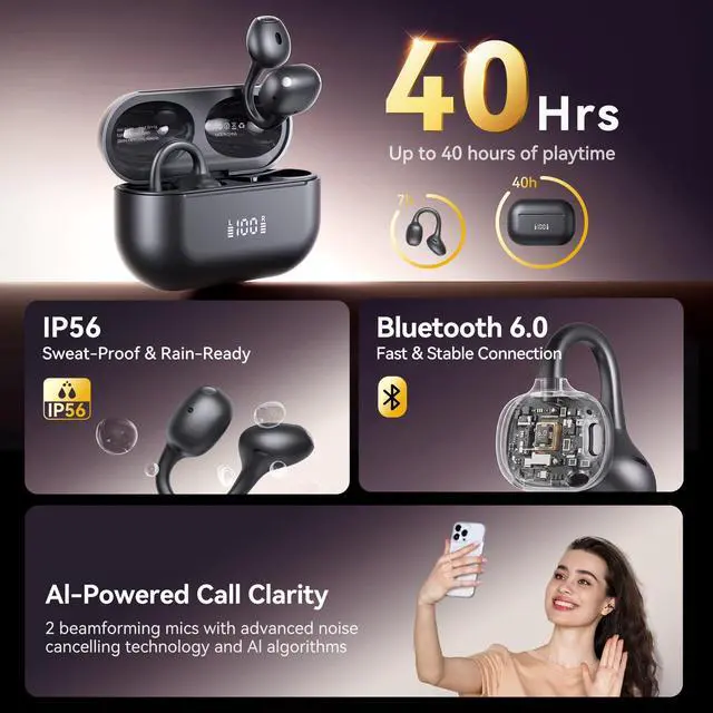 Alt view image 6 of 7 - NEW Open-Ear Clip-On Wireless Earbuds, Comfortable & Secure Fit | Clear Sound, LED Battery Display, Physical Button Controls, Bluetooth 6.0, 11mm Drivers, Dual Mics, Black