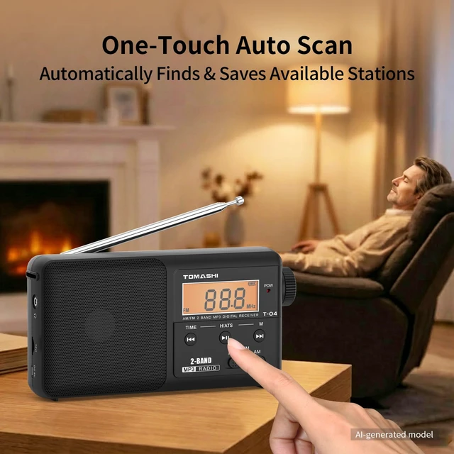 Alt view image 3 of 7 - Portable AM FM Radio, USB-C Rechargeable Auto Scan Radio Large tuning knob, clock display and Micro SD MP3 player. Speaker and headphone jack for home and outdoor use
