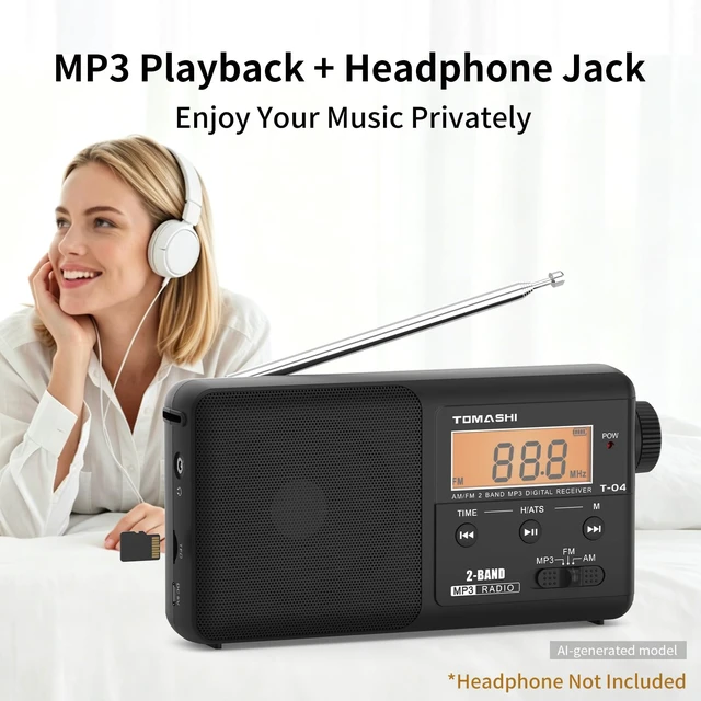 Alt view image 4 of 7 - Portable AM FM Radio, USB-C Rechargeable Auto Scan Radio Large tuning knob, clock display and Micro SD MP3 player. Speaker and headphone jack for home and outdoor use