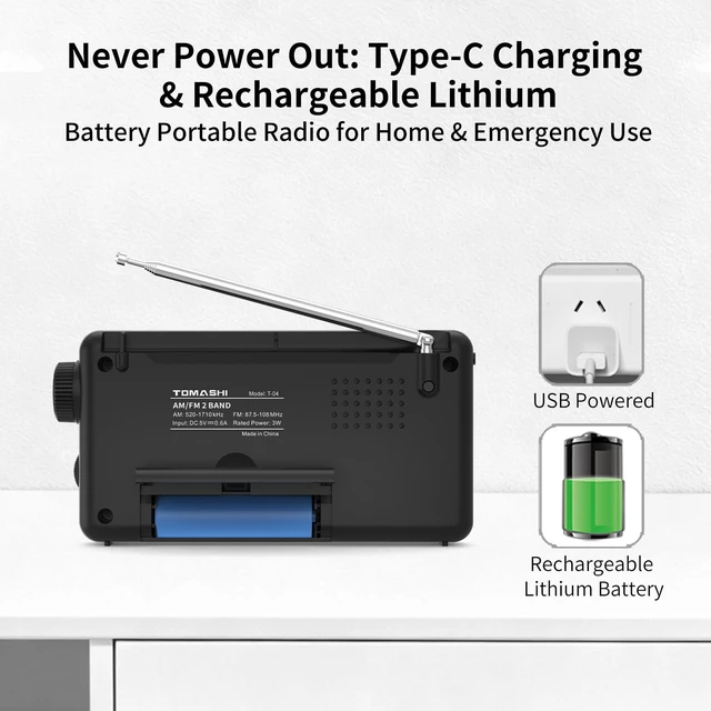 Alt view image 5 of 7 - Portable AM FM Radio, USB-C Rechargeable Auto Scan Radio Large tuning knob, clock display and Micro SD MP3 player. Speaker and headphone jack for home and outdoor use