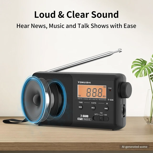Alt view image 6 of 7 - Portable AM FM Radio, USB-C Rechargeable Auto Scan Radio Large tuning knob, clock display and Micro SD MP3 player. Speaker and headphone jack for home and outdoor use